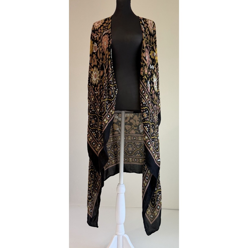 Free People One Size Black Floral Paisley Kimono Rayon Boho Duster Cardigan